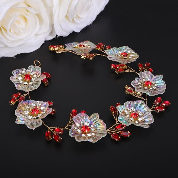 Iridescent AB Color Flower Hair Vine Bridal Red Crystal Headband with Flower Rhi - Picture 3 of 5